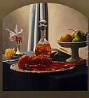 Kittens with Mussels And a Lobster Paintings - Still Life with Bourbon and Lobster by Luis Jose Estremadoyro